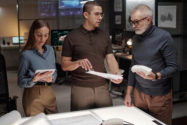 A team of IT professionals discussing social media security policies in a modern office setting, with a whiteboard displaying key policy points.
