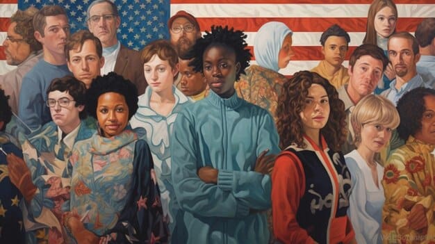 A collage featuring diverse segments of the US population (different ethnicities, age groups, professions) interacting with social media content. The image captures the essence of a multi-faceted audience with varying interests and needs.