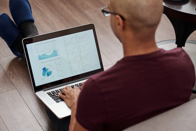A person looking at a laptop screen displaying a social media analytics dashboard. Charts and graphs show engagement metrics like comments, shares, and click-through rates. The person is smiling and appears to be analyzing the data.