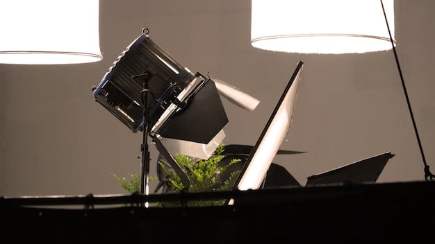 A brightly lit home studio setup with professional lighting, a high-quality camera, a microphone, and a clean, organized backdrop. The scene suggests preparation for a professional livestreaming session.