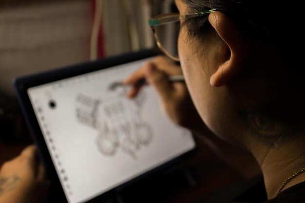 A close-up of a designer working on an infographic on a tablet, surrounded by sketches and data charts. The focus is on the process of creating visually compelling information.