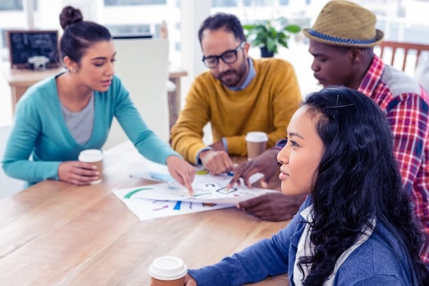 A diverse group of people collaborating around a table, brainstorming content ideas. The scene should convey creativity, teamwork, and strategic planning.
