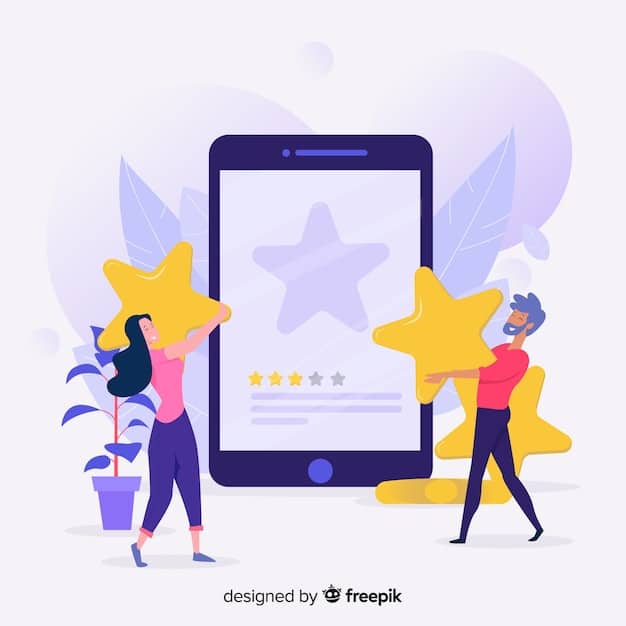A customer leaving a 5-star review on a tablet screen, with a background of happy customers using products and services, highlighting the importance of positive reviews.