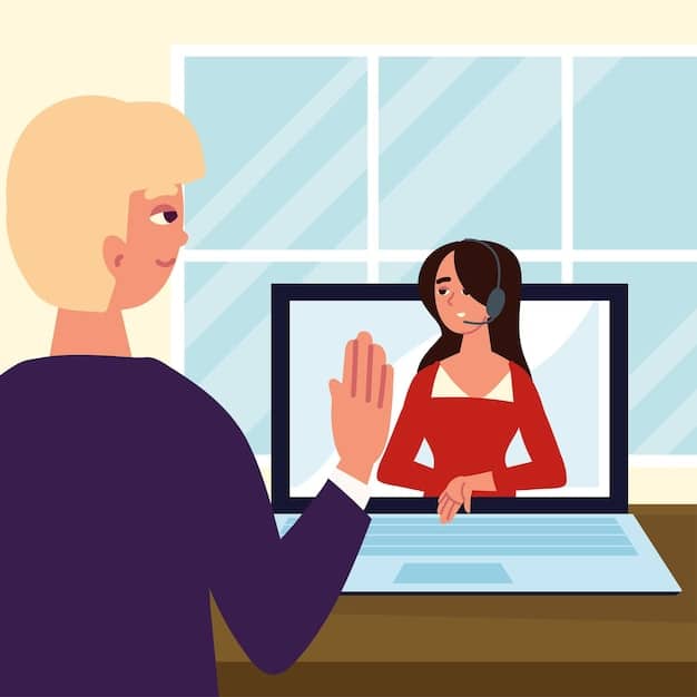 A customer service representative interacting with a customer via video call, showing empathy and providing solutions. The background includes a clean and modern office setup to emphasize professionalism and customer-centric approach